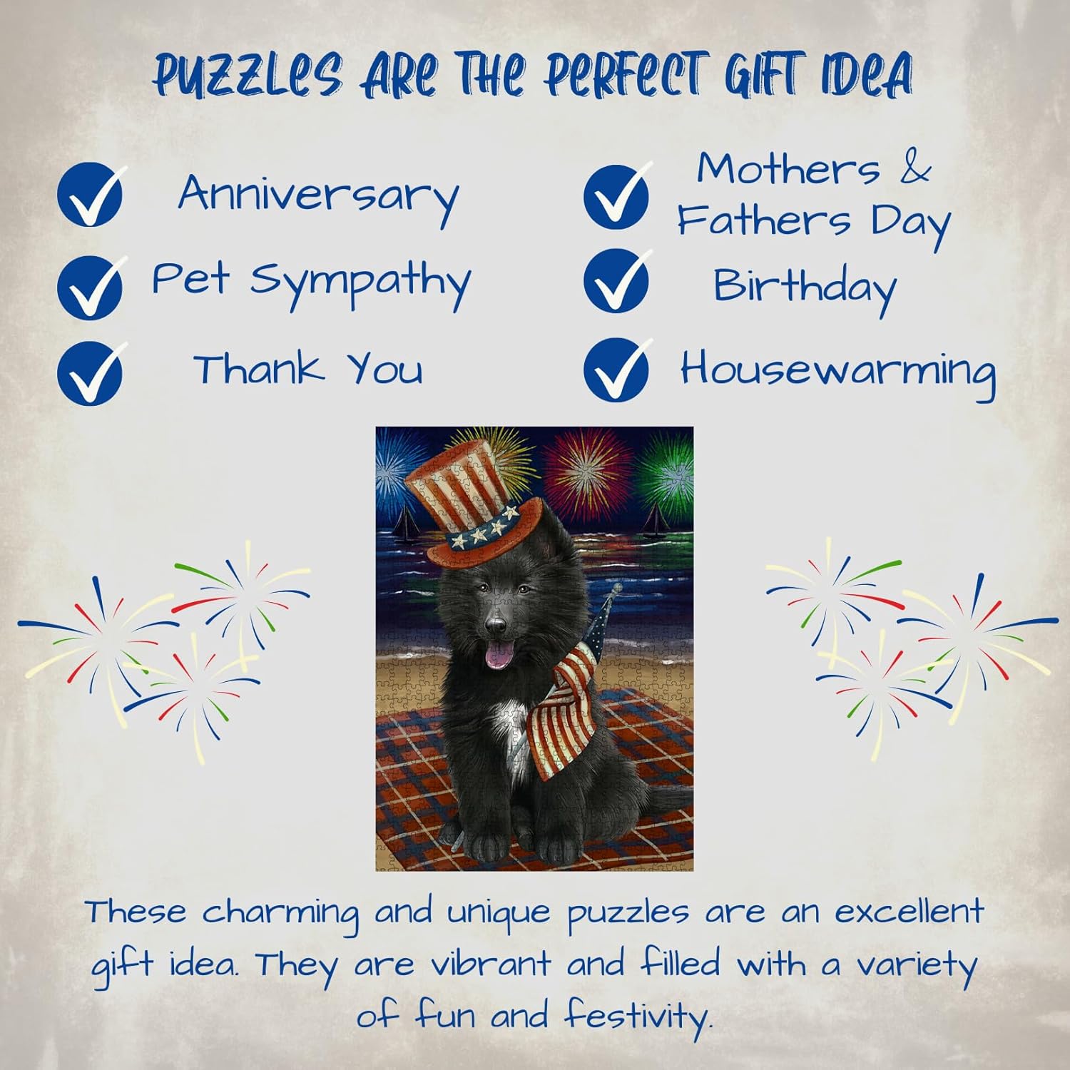 4th of July Fireworks Belgian Shepherd Dog Jigsaw Puzzle for Adults - Animal Printed Interlocking Puzzle Game Artwork - Gift for Dog Lover's- 500 Pcs 14"x20", PZLE82377