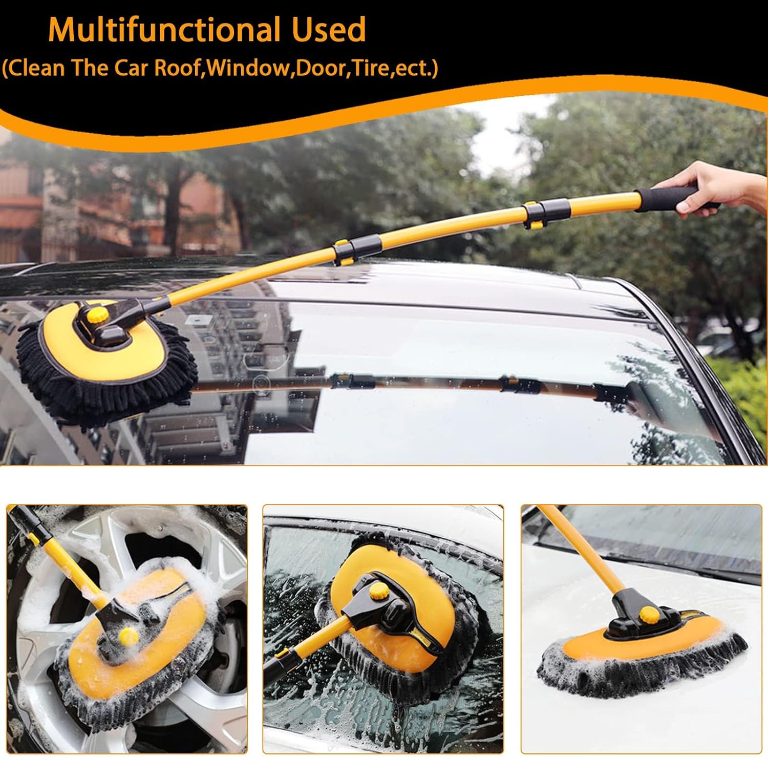 Car Wash Brush kit with Long Handle Telescopic 43" Aluminum Microfiber Cleaning Supplies for Car, SUV, Truck, Caravan, Boat