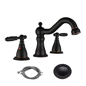RKF Two Handle Widespread Bathroom Sink Faucet with Pop-up Drain and Faucet Supply Hoses,Oil Rubbed Bronze,WF013-4-ORB