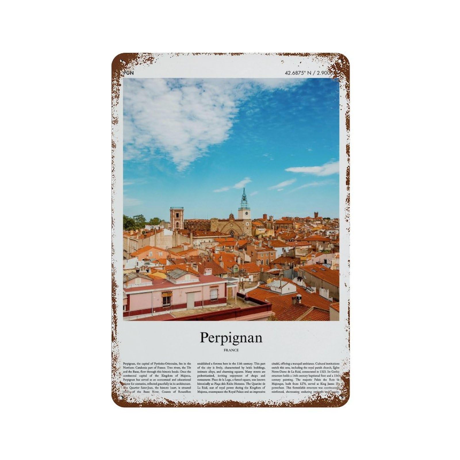 xiaoxiaoshen Perpignan France City Scenery Wall Decor Art Metal Tin Poster Modern Home Decor Art Home Bar Shop Decorations Vintage Sign 30x20cm