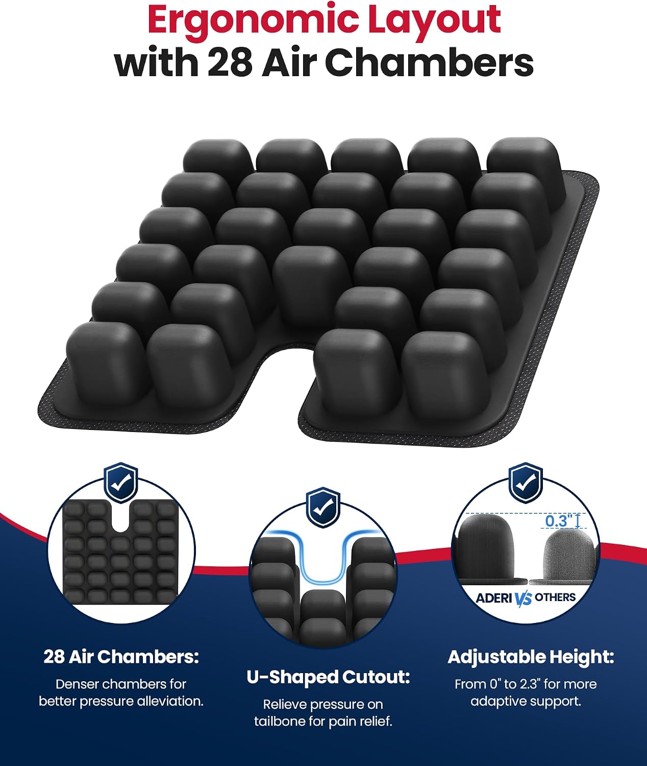 Inflatable Wheelchair Cushion with Dynamic Air Chambers for Pressure Sore & Ulcer, Ergonomic U-Shaped Pressure Relief Seat Cushion for Tailbone Pain Relief, Waterproof Fabric & Anti-Slip Base