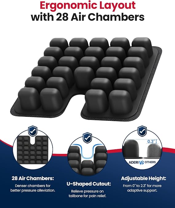 Inflatable Wheelchair Cushion with Dynamic Air Chambers for Pressure Sore & Ulcer, Ergonomic U-Shaped Pressure Relief Seat Cushion for Tailbone Pain Relief, Waterproof Fabric & Anti-Slip Base