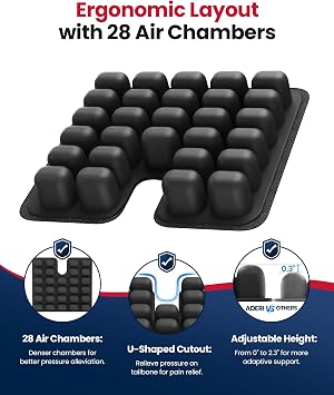 Inflatable Wheelchair Cushion with Dynamic Air Chambers for Pressure Sore & Ulcer, Ergonomic U-Shaped Pressure Relief Seat Cushion for Tailbone Pain Relief, Waterproof Fabric & Anti-Slip Base