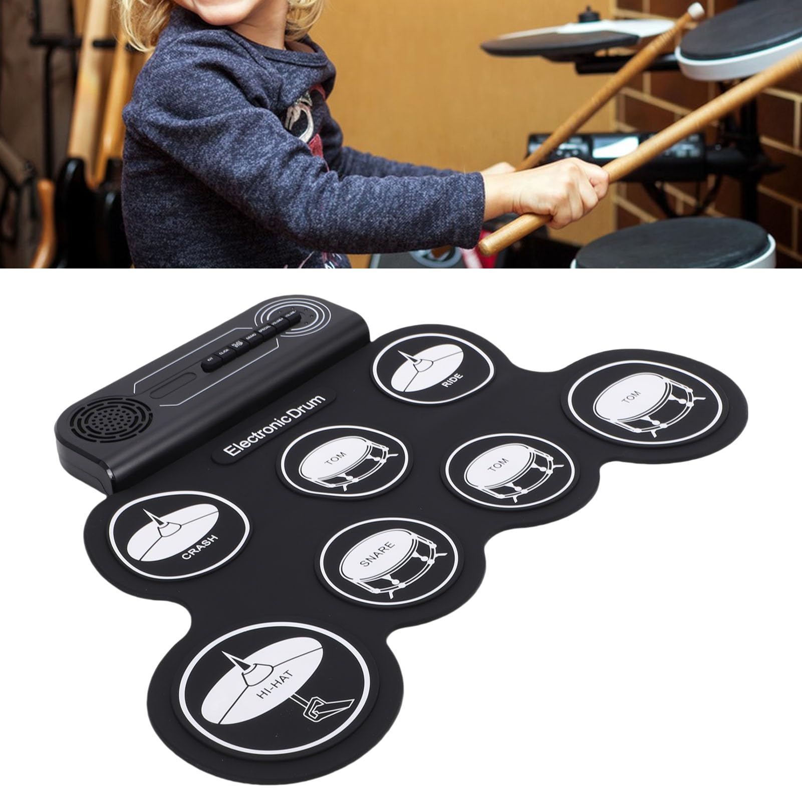 Jeffergarden Kinder-Schlagzeug-Set, Elektrisches Schlagzeug-Pad mit Stöcken, Tragbares, Aufrollbares Übungsset, Eingebauter Lautsprecher, Weißes Muster