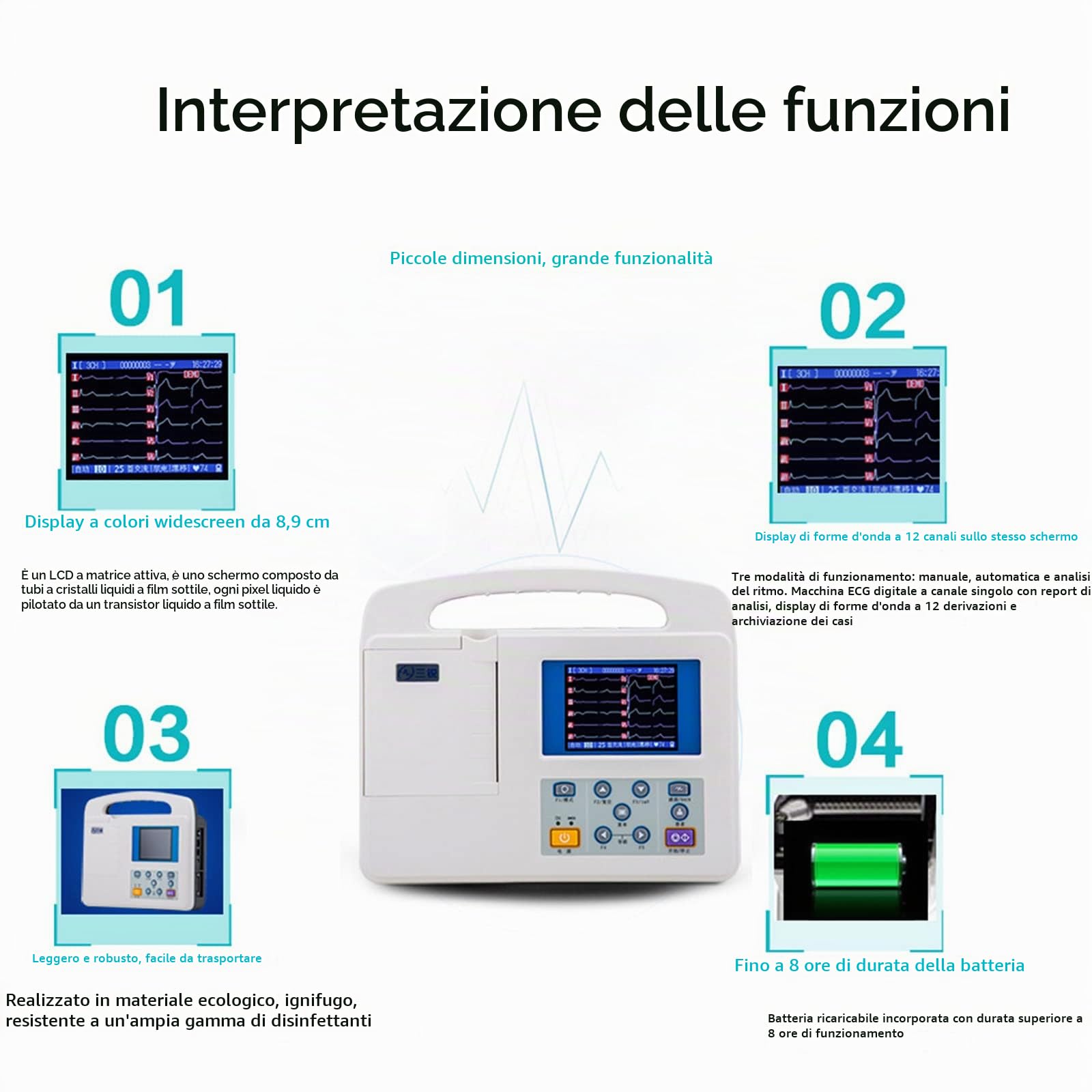 Elettrocardiografo，Dispositivo Digitale a Colori LCD a 12 canali e 3 canali con Carta di Stampa per i segni Vitali dell'assistenza Orale Medica