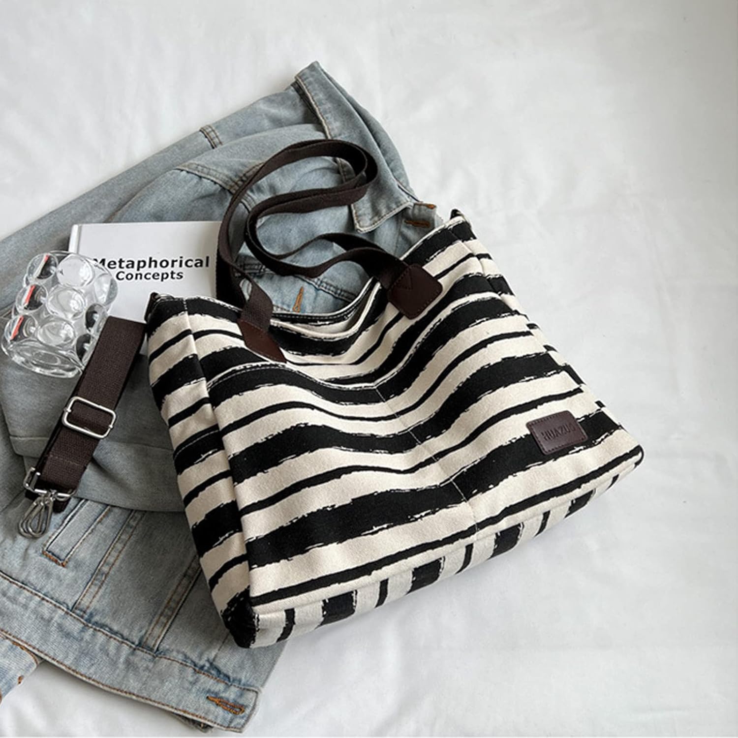 CORIOS Canvas Crossbody Bag Women Striped Patchwork Handbag Casual Top Handle Bag Large Capacity Shoulder Bag
