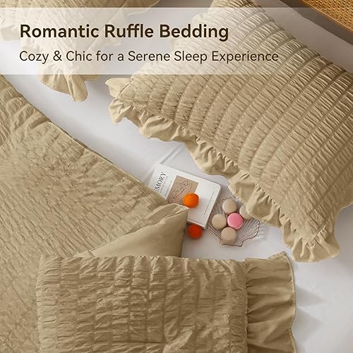 Miniatura 175 de JOLLYVOGUE - Juego de edredón tamaño queen, de 3 piezas, estilo seersucker, ligero y esponjoso para todas las estaciones, con 1 edredón con volantes