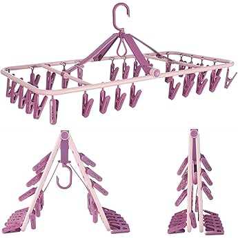 Clothes Drying Racks, Foldable Laundry Drying Hanging Rack with 32 Clips Foldable Laundry Clip Hanger Underwear Hangers for Socks Towels Bras (Light Blue)