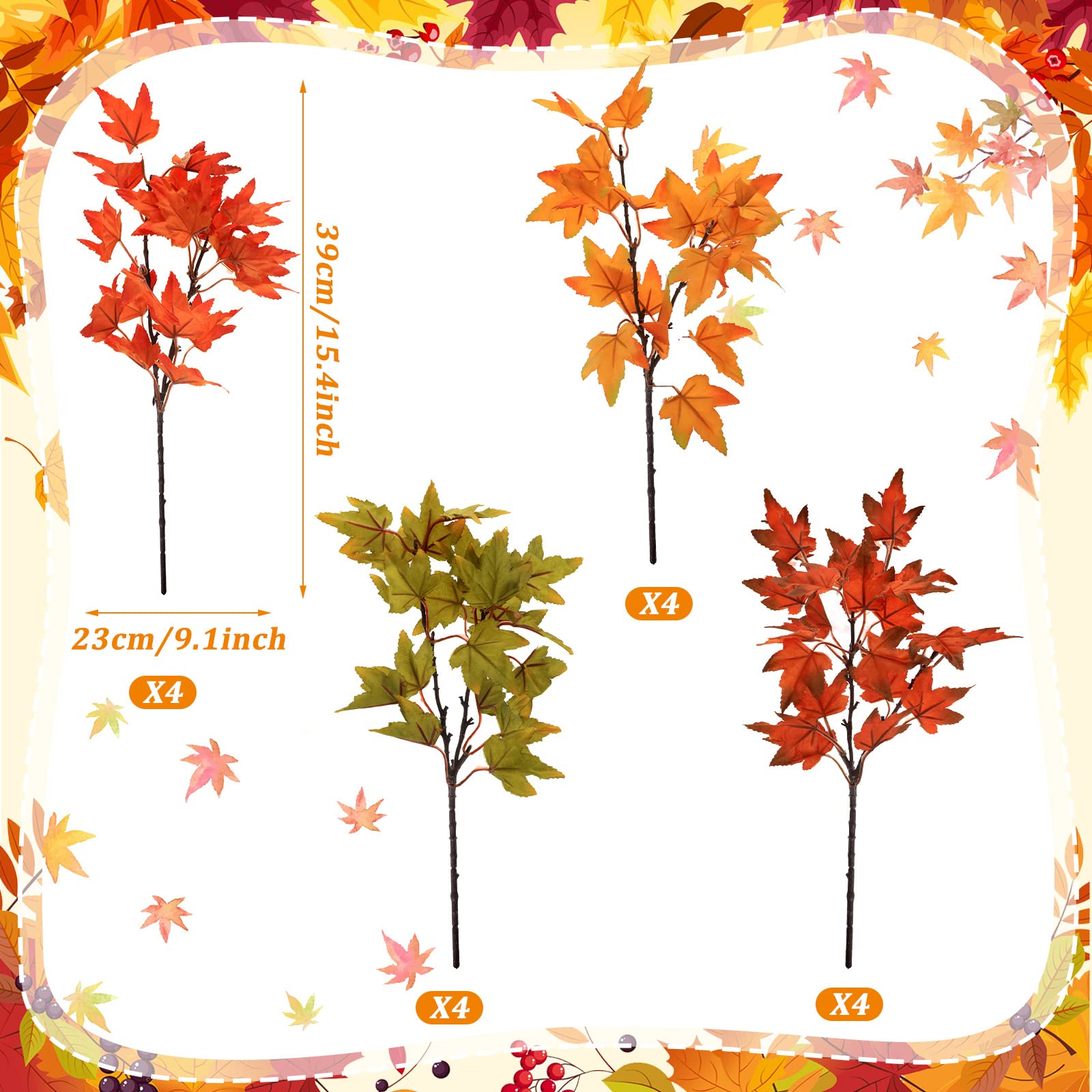 SATINIOR 16 Pcs Fall Leaves Stems Thanksgiving Artificial Maple Fall Branches Autumn Fake Leaves Stems Faux Branches Maple Shrubs for Home Table Vase Fall Party Decorations