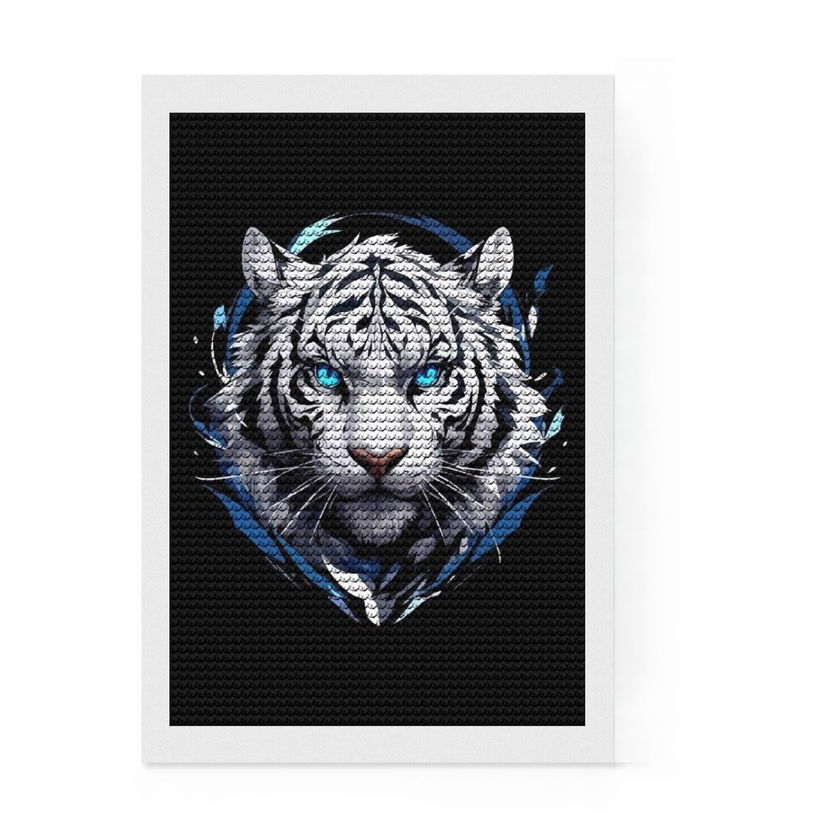 Junmoney White Tiger Portrait with Blue Eyes Full Drill Diamond Painting Kit 8"x12", Office Decor, for Beginners, Full Kit Included, Christmas Gift