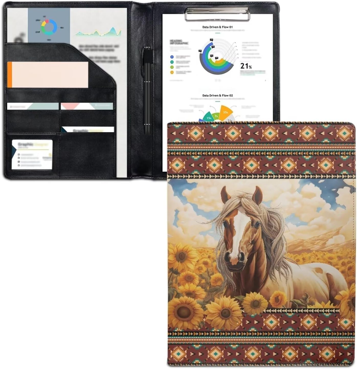 COEQINE Sunflower Horse Aztec Style Clipboard with Business Card Holder Notepad and Interior Storage Pockerm for Work,12x9 Inch