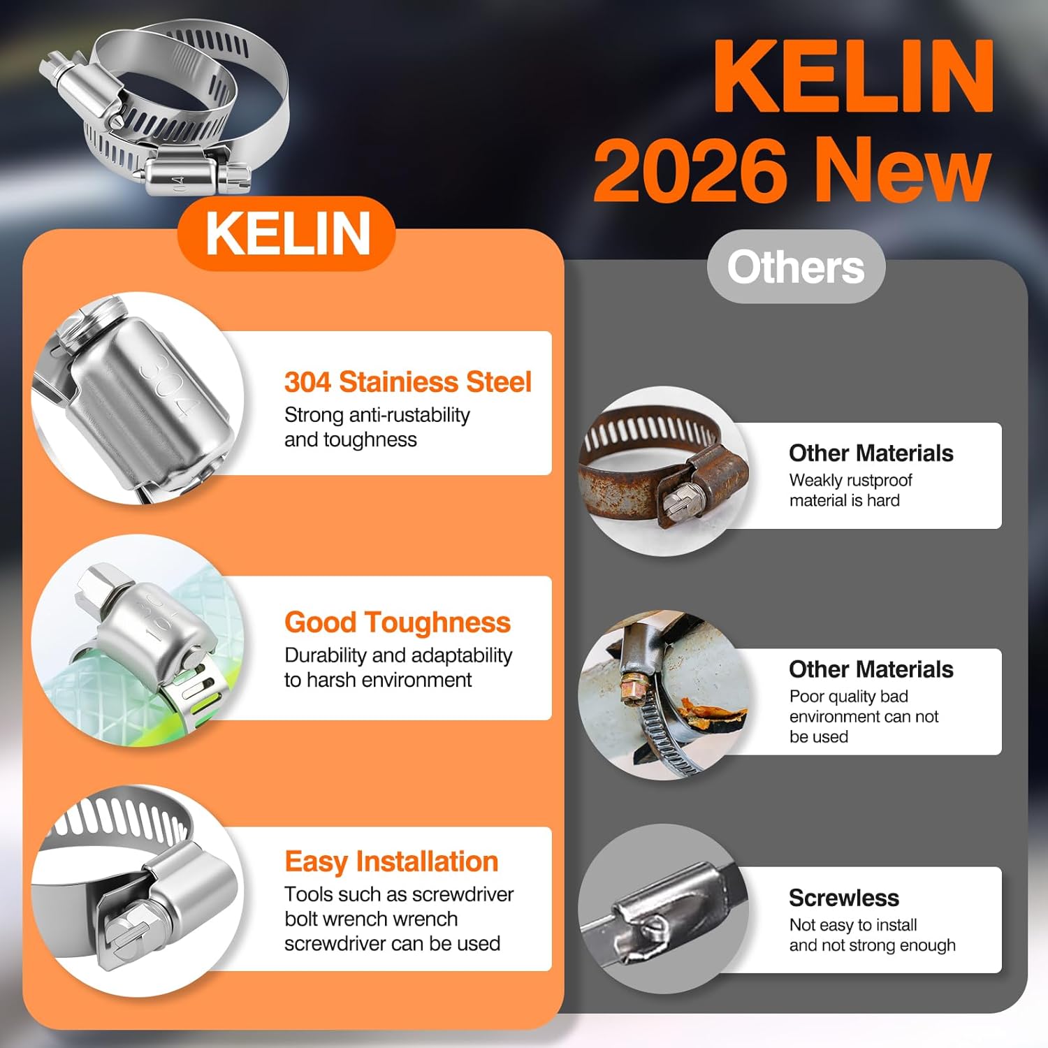 KELIN 202PCS 304 Stainless Steel Hose Clamp Kit, 8 Sizes from 1/4" to 2" (6-51mm) Adjustable Worm Gear Clamps with Socket Wrench & Screwdriver, Automotive Fuel Line Water Pipe Clamps Assortment Set