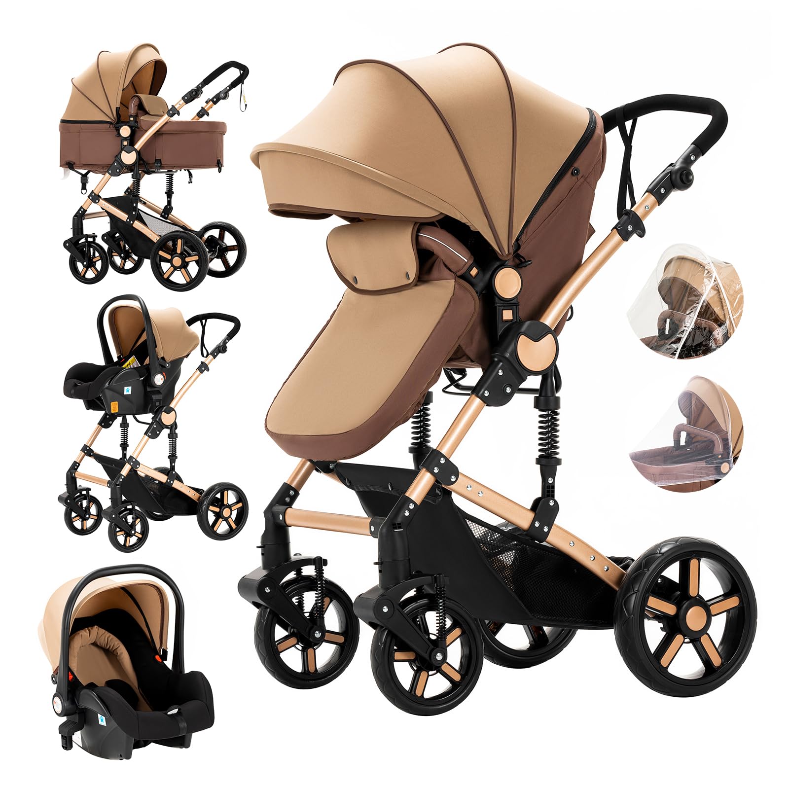 MoLi 3 en 1 Poussette Combinée Poussette Citadine Landau Poussette Canne Poussette Système de Voyage pour Bébé Poussette Paysage Haute pour Bébé Inclinable Pliable Poussette Standard (588 Khaki New)