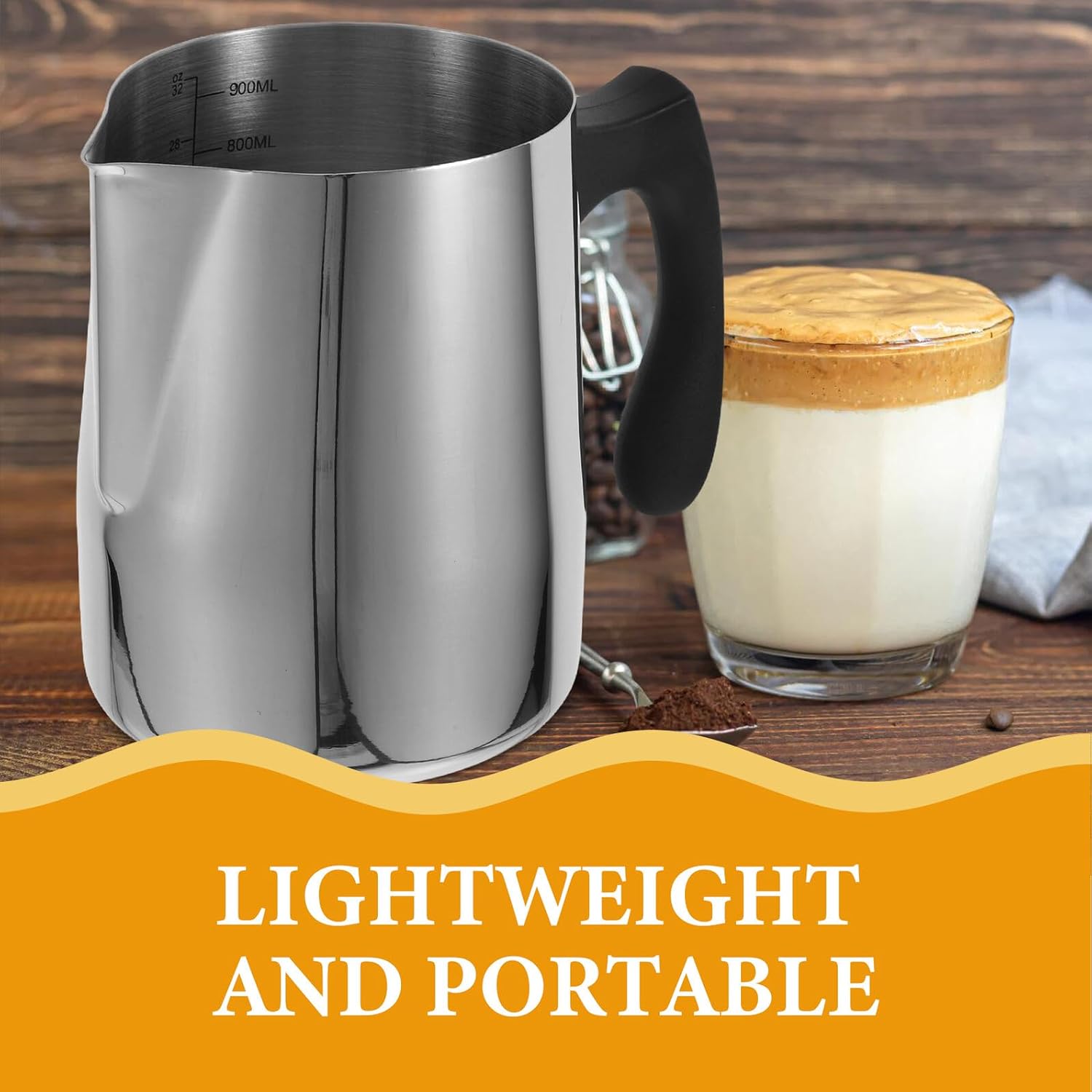 Stainless Steel Frothing Pitcher 1000ml with Heat-resistant Plastic Handle, Milk Frother Cup and Wax Melting Jug with Measurement Scale for Espresso Machine and Candle Making