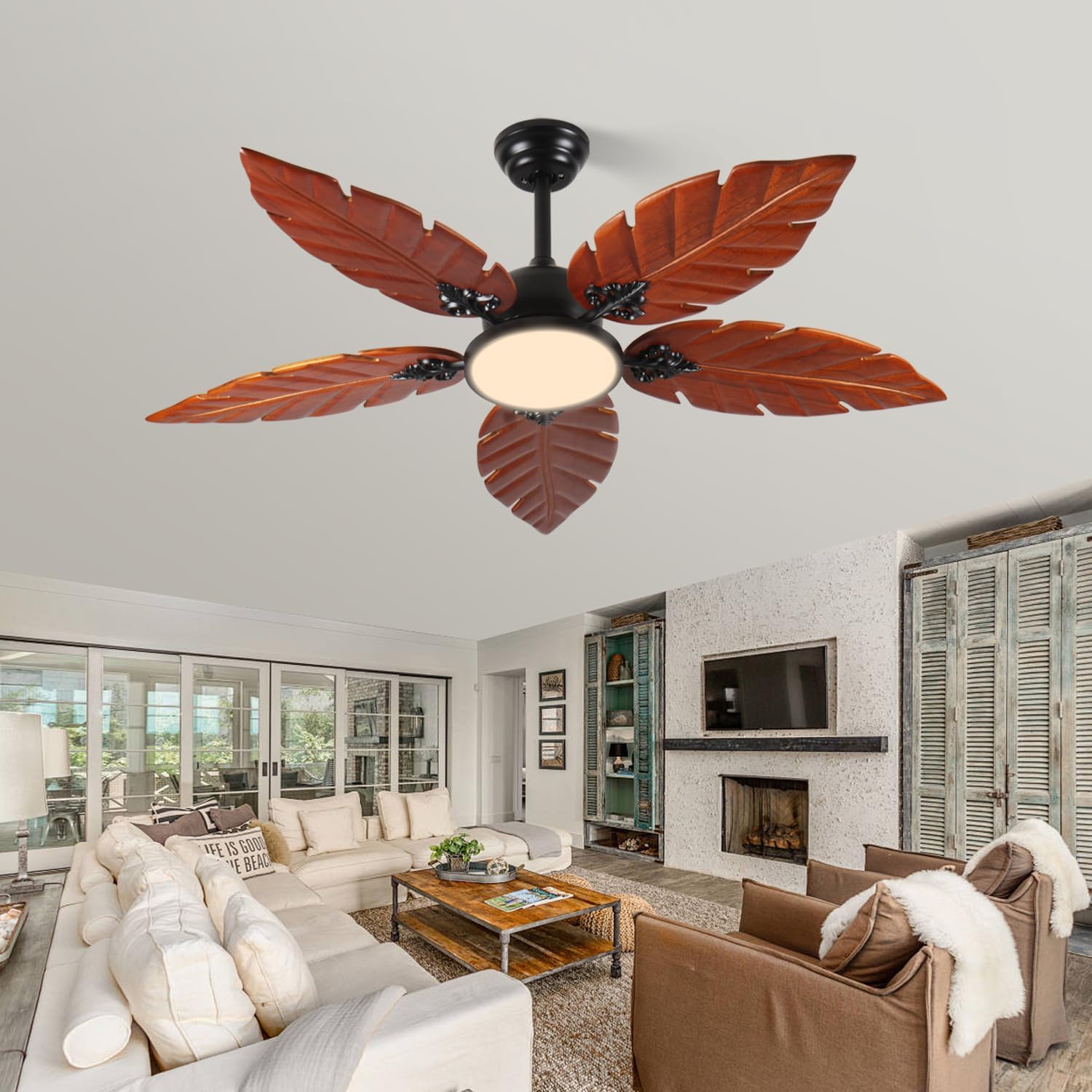 52" Tropical Ceiling Fan, Modern Palm Leaf Indoor Outdoor Ceiling Fan with Light and Remote Control, Flush Mount Ceiling Fans for Patio, Living Room, Porch, Bedroom, Noiseless (Walnut-2)