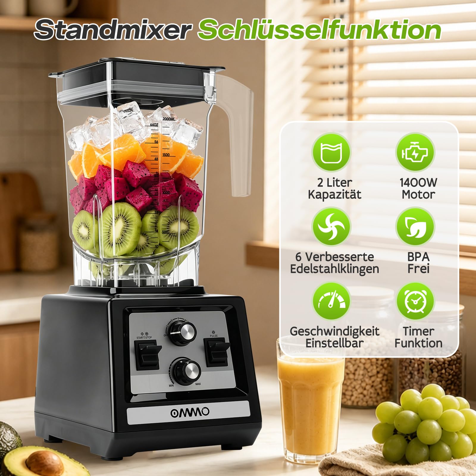 OMMO 2L Standmixer Hochleistungsmixer, Mixer Smoothie Maker Max 1800W | für Eisbrechen, Milkshakes, Gefriergetränke, Timer und Geschwindigkeitssteuerung, 6 Verbesserte Edelstahlklingen, BPA Frei