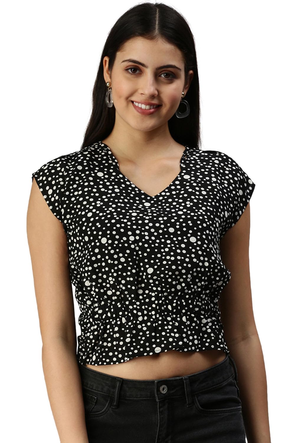 Women's Cinched Waist Sweetheart Neck Black Regular Top_AE-10214_Blackwhite
