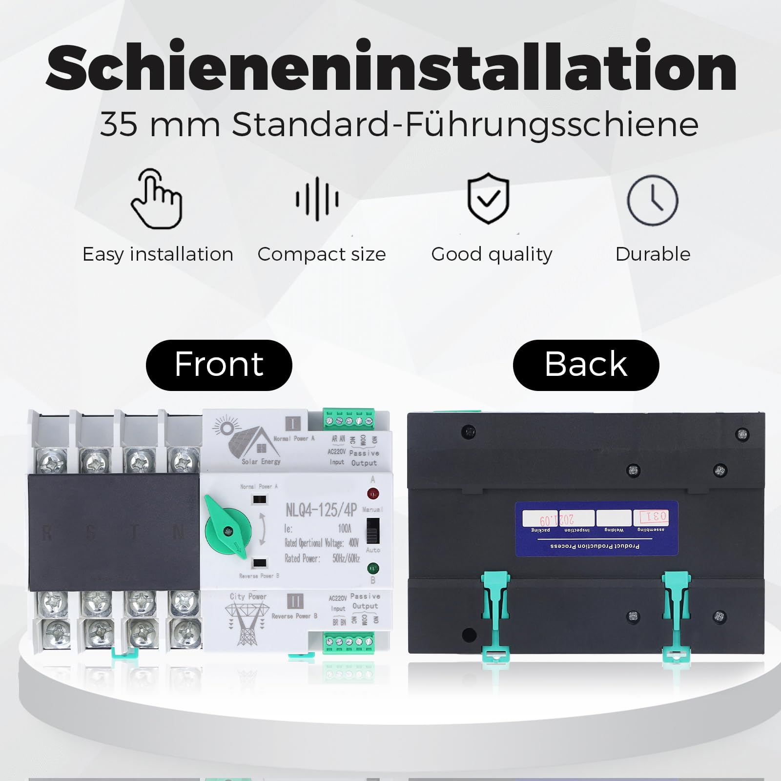 Notstrom Umschalter, 4P Automatischer Umschalter Notstrom Hutschiene, Dual Power Automatischer Transferschalter, 2 Wege übertragung, Für Kommunaler Strom, USV, Solar (NLQ4-125/4P 100A 220V) (Weiß)