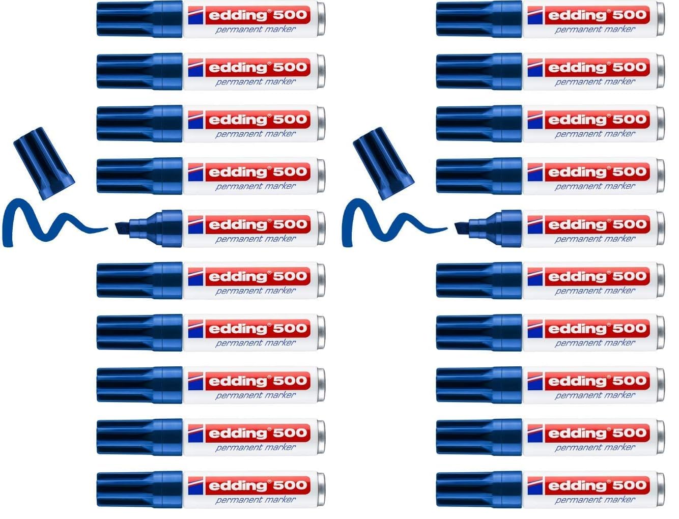 edding 500 Permanentmarker - blau - 10 Stifte - Keil-Spitze 2-7 mm - wasserfest, schnell-trocknend - wischfest - für Karton, Kunststoff, Holz, Metall, Glas 4-500003-0 (Packung mit 2)