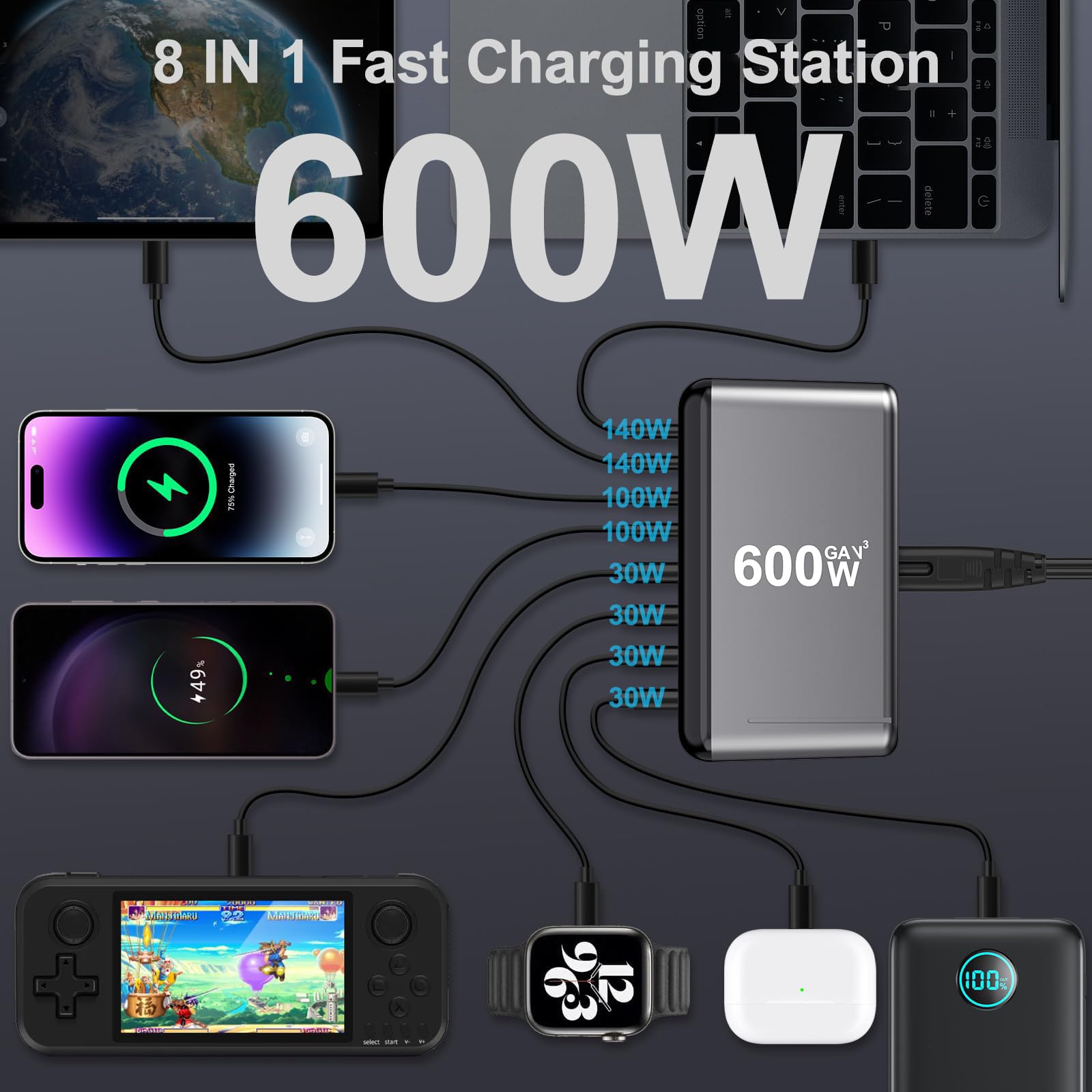 600W 8 Port GaN USB C Charger PD 140W 100W 65W 45W 20W Fast Charging Station for MacBook Pro iPad iPhone Galaxy S26 Pixel Dell Laptop