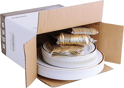 Miniatura 7 de 125 platos de plástico dorados incluyen 25 platos llanos de plástico, 25 platos de postre desechables y cubiertos desechables dorados, juego de