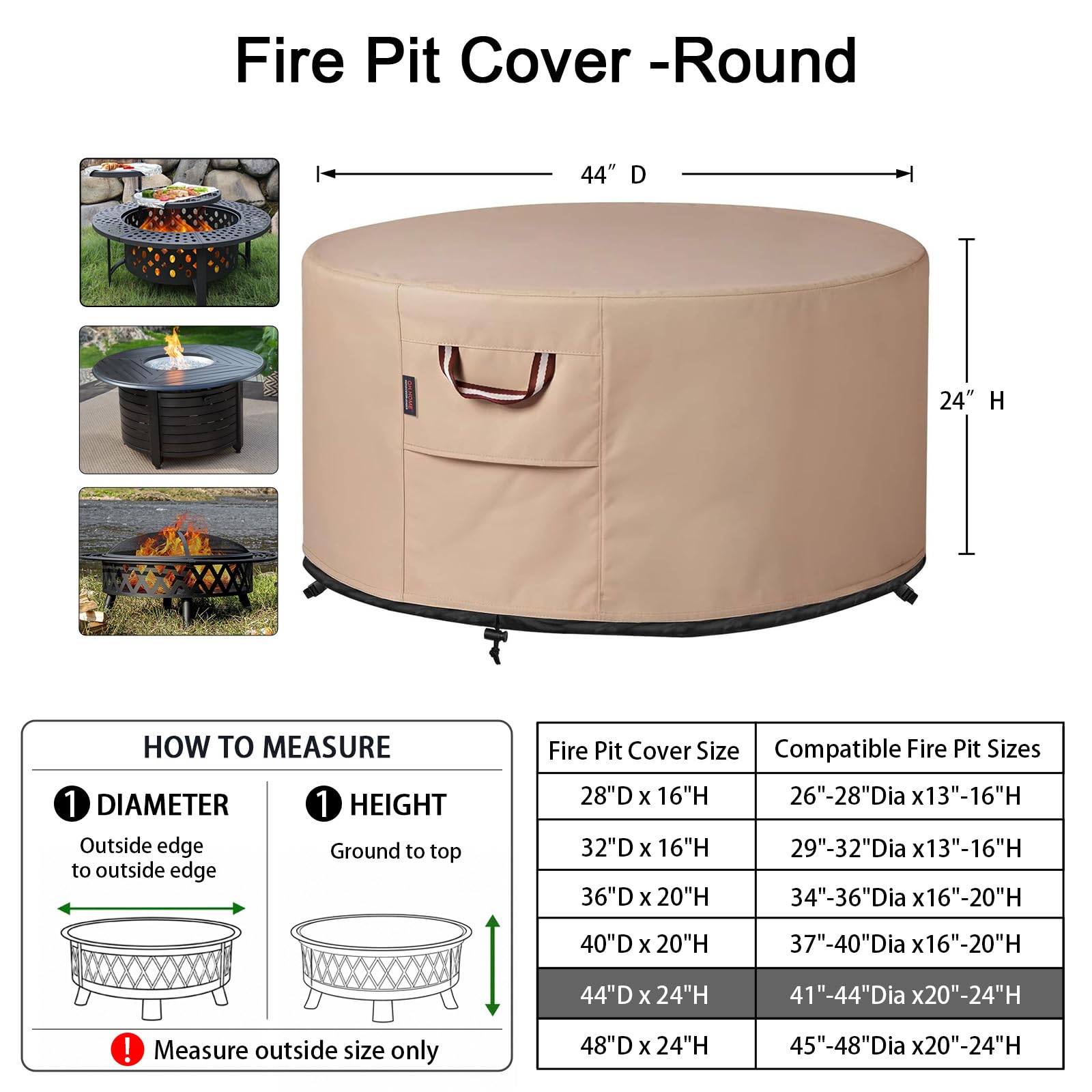 QH.Home Fire Pit Cover Round - 40 Inch 42 Inch 44 Inch Heavy Duty 900D Strong Tear-Resistant and UV Resistant and Waterproof and Fading Resistant Material Polyester Outdoor Firepit Covers -Wheat