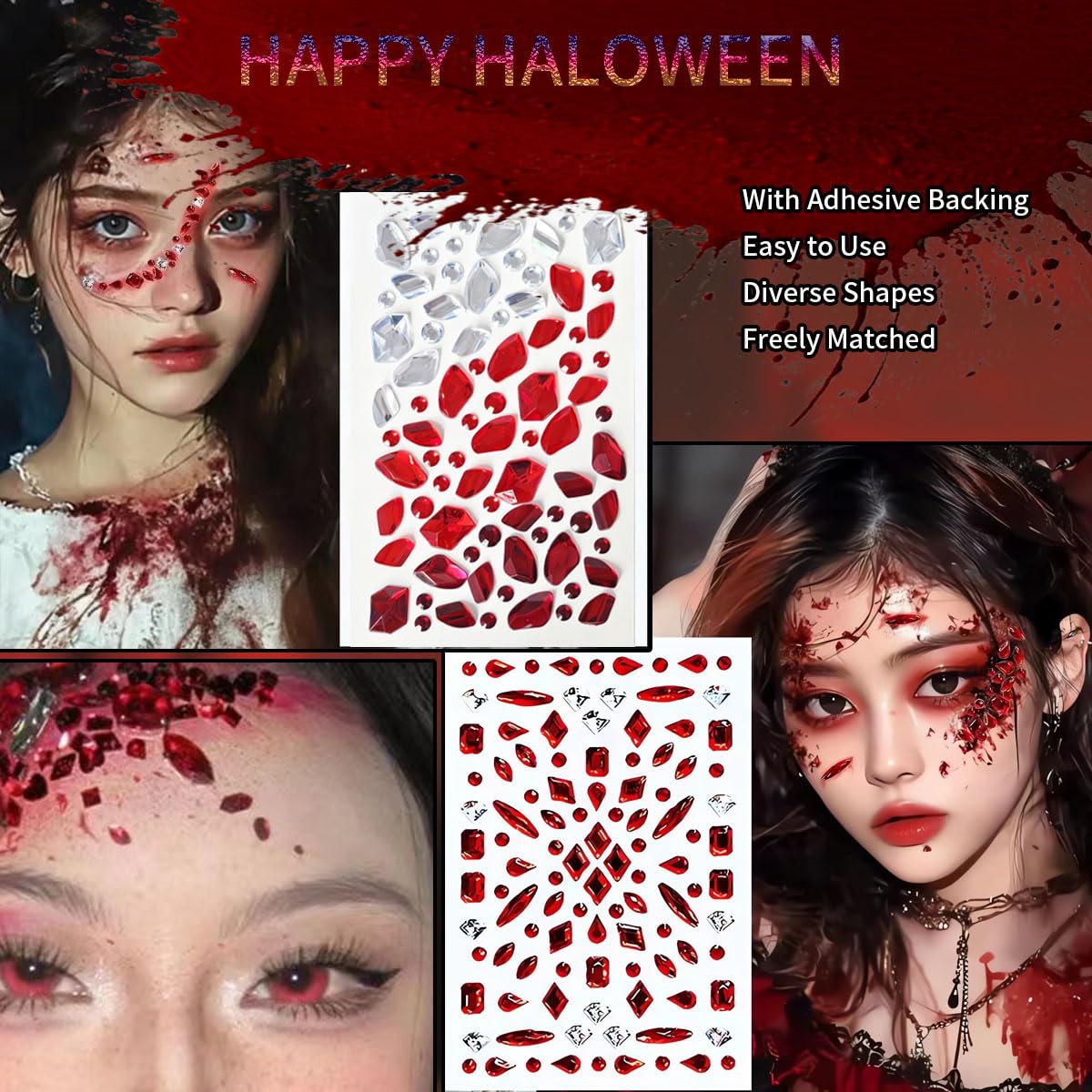 2 Sheets Face Gems Jewels, Halloween Terrifying Makeup Red Crystal Rhinestone Stickers, with 2 PCS Zippers Props for Cosplay Makeup Accessories