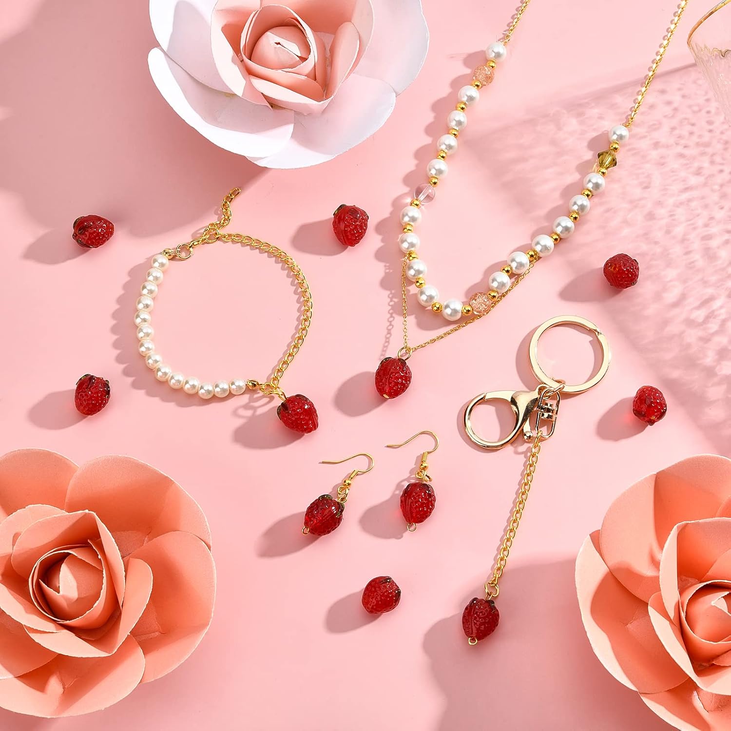 PH PandaHall 30pcs Strawberry Beads, 3D Fruit Beads Lampwork Glass Beads Spacer Loose Beads Red Imitation Strawberry Pendants for Spring Summer Bracelets Necklace Earring Christmas Jewelry Making - Image 2