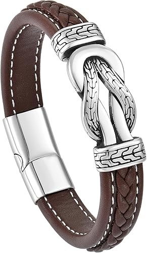 Pulsera de cuero con nudo infinito para hombre, acero inoxidable, negromarrón, cuero genuino, trenzada, pulsera de joyería para hombres, padre,