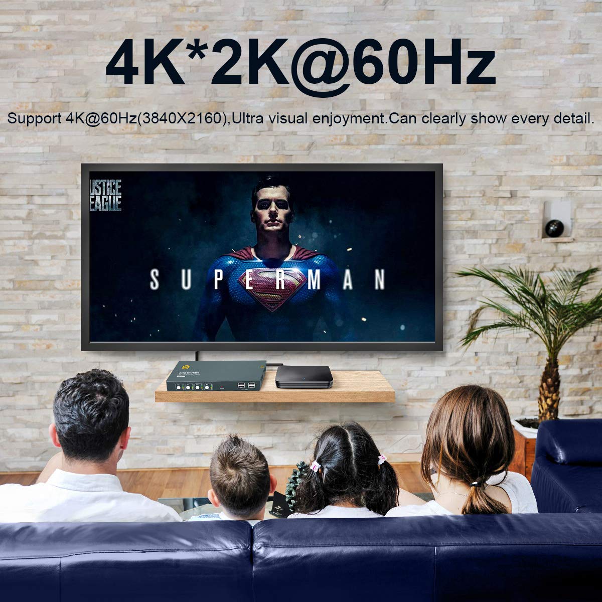 A television screen displaying a 4K resolution image, with text indicating support for 4K@60Hz (3840x2160) for ultra visual enjoyment and clear detail.