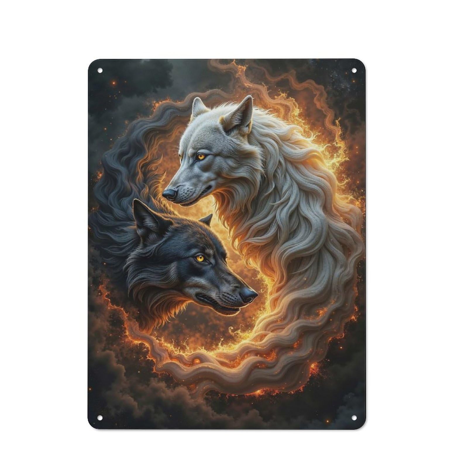 Yin Yang Two Wolves in Fiery Circle Vintage Tin Sign 40x30cm for Home Office Or Studio, for Metal Sign Collectors, for Living Room And Hallway Decor