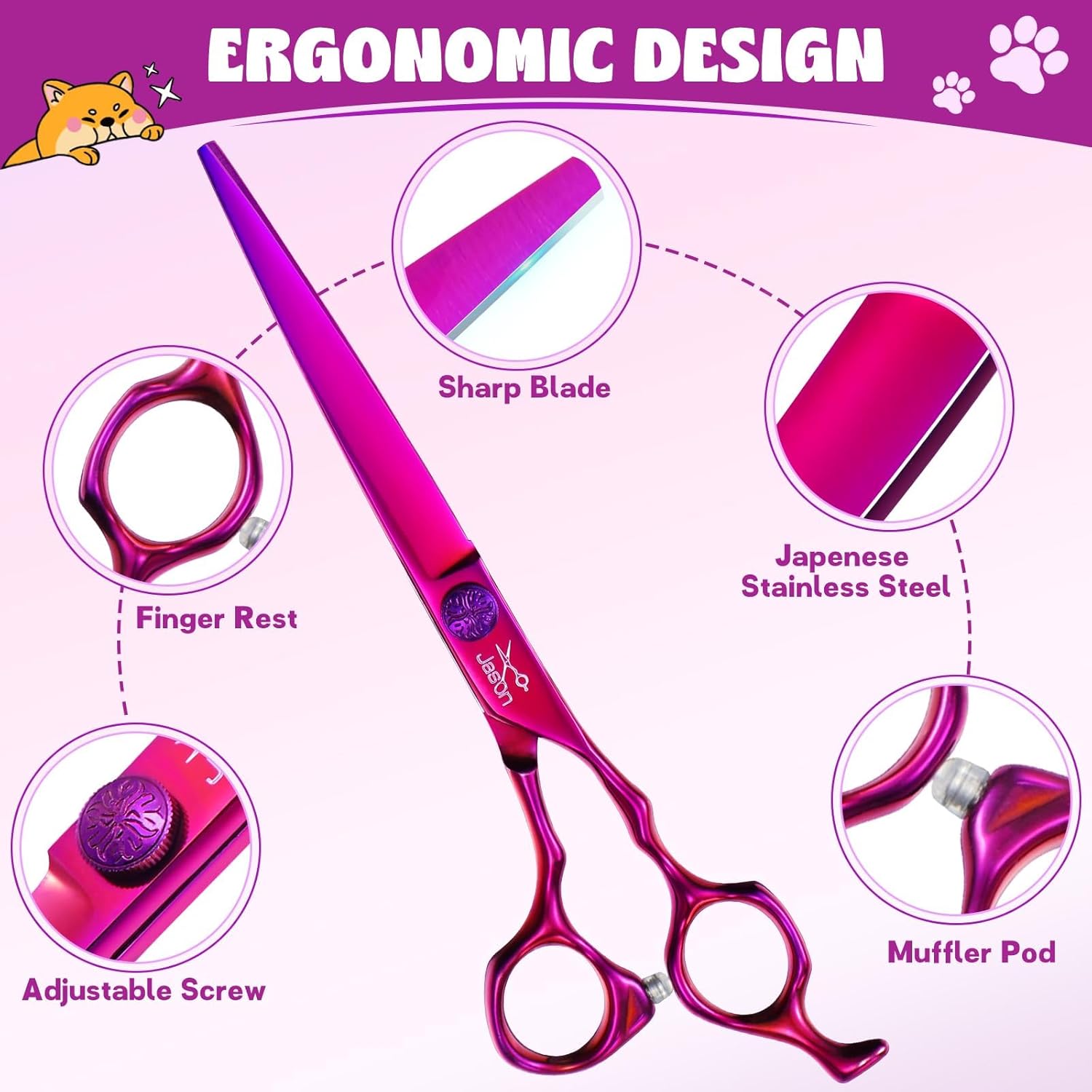 JASON 7" Straight Dog Grooming Scissors, Ergonomic Pets Grooming Shears &JASON Dog Grooming Scissors Set - Professional 6 in 1 Dog Shears Set