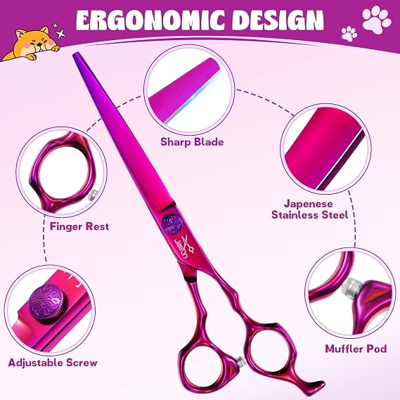 JASON Dog Grooming Scissors Set - Professional 6 in 1 Dog Shears Set - 7 Chunker, 7 Straight, 7 Up-Curved, 7 Down-curved Scissors and Comb for Cat Pet with Adjustable Screw Christmas Gift