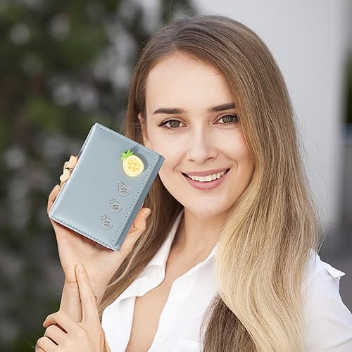 Miniatura 6 de Cartera para mujer, bonita cartera pequeña kawaii, 7 ranuras para tarjetas, 1 ranura para efectivo, 1 ventana para identificación, carteras de cuero