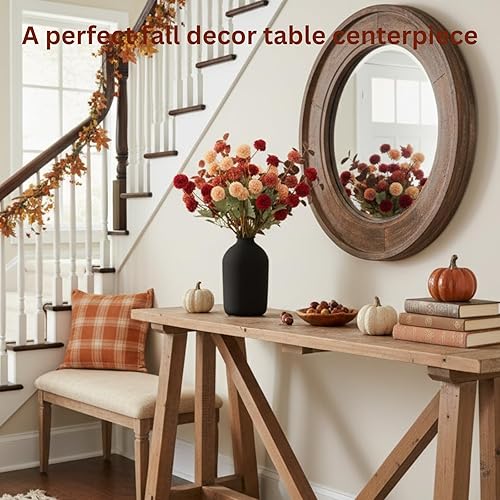 Miniatura 2 de RyddeligHome Flores de otoño, flores artificiales Kiku de color naranja quemado, 10 tallos + eucalipto, centro de mesa floral de mamás rojas y