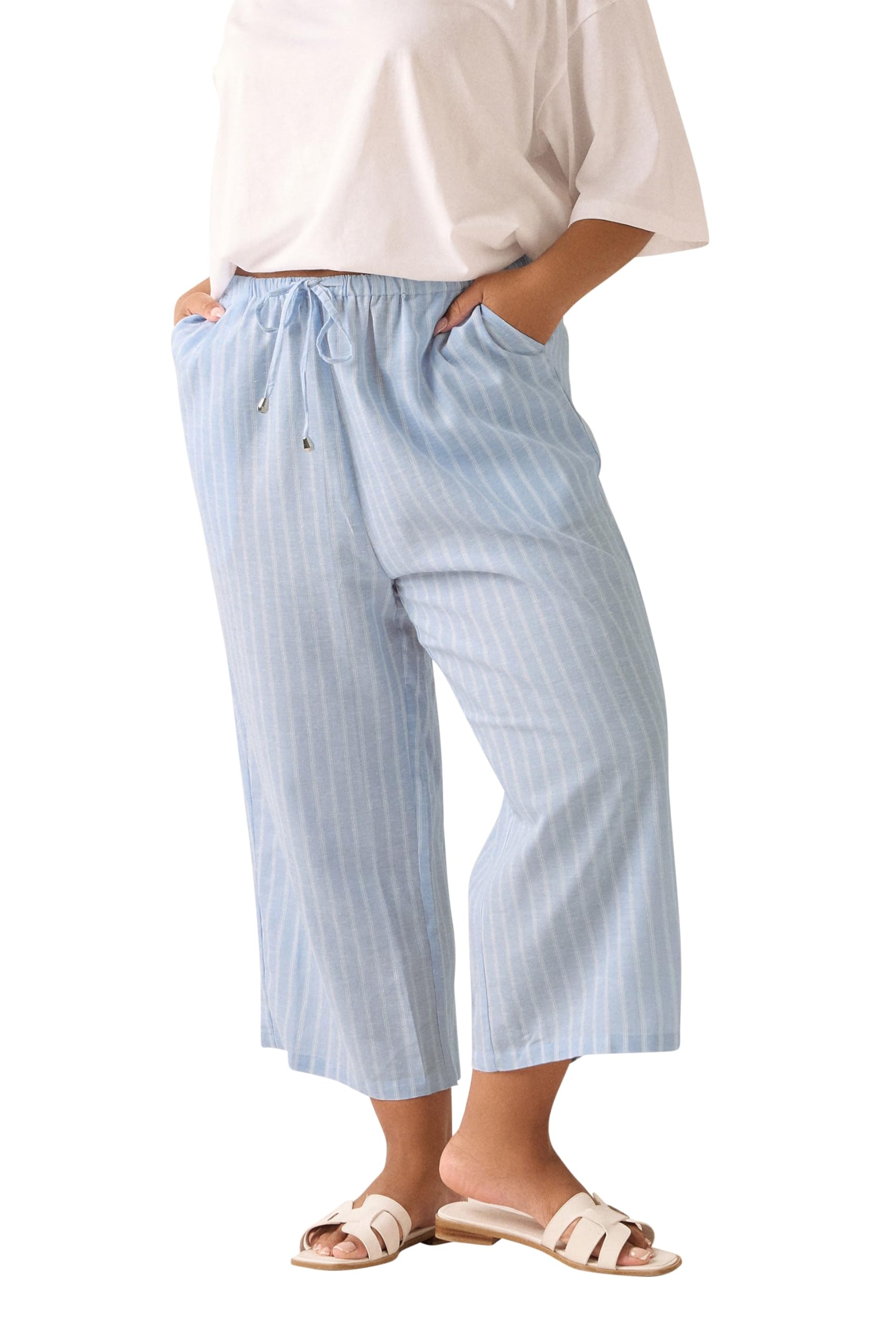 Yours Curve Stripe Linen Cropped Trousers - Women's - Plus Size Curve