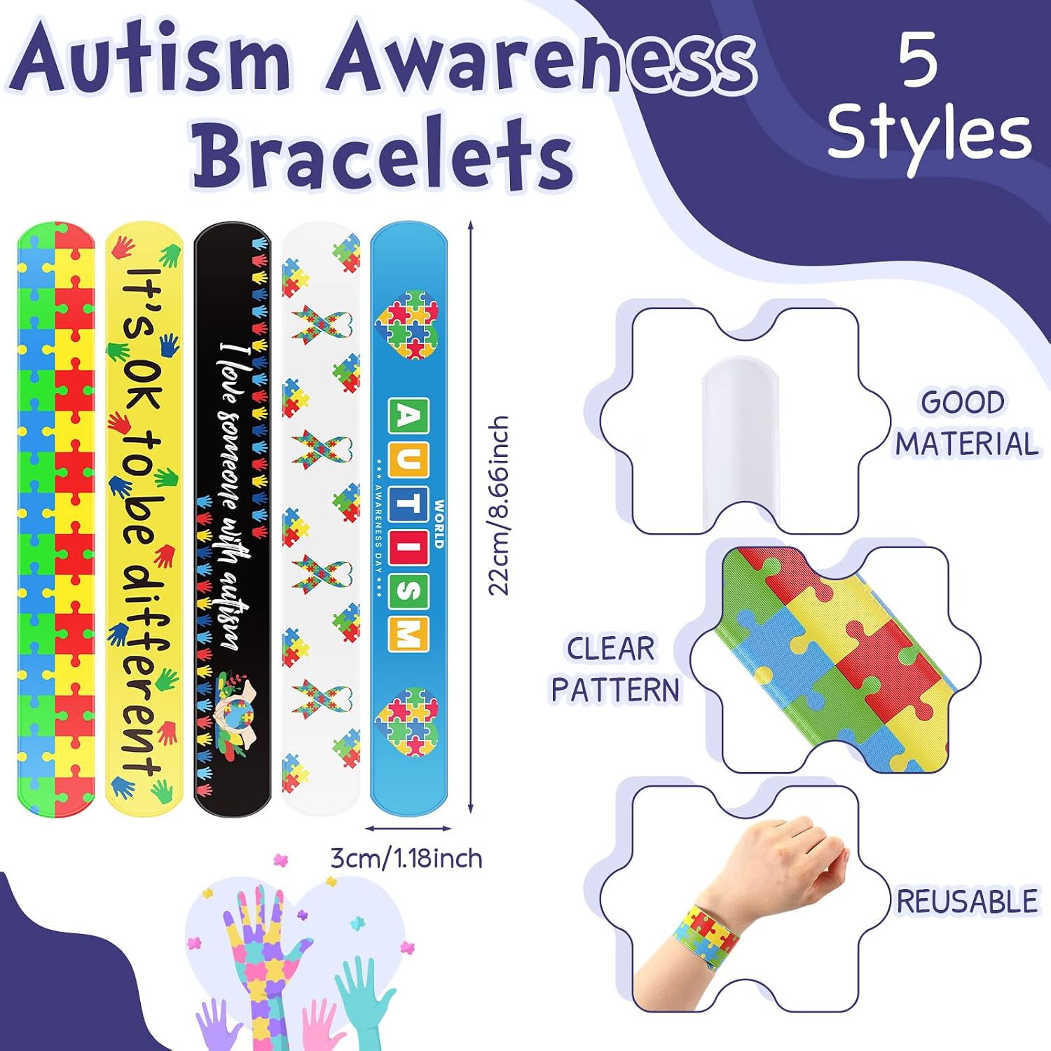Gemscream 100 Pcs Autism Awareness Slap Bracelets Colorful Puzzle Pieces Autism Bracelet Wristbands Autism Bracelet Bulk for Adults Autism Awareness Party Favor Decorations Gift Supplies image 2