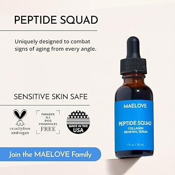 MAELOVE Peptide Squad Collagen Renewal Serum with Copper Peptides, Argireline, Matrixyl 3000 + Hyaluronic Acid and Niacinamide for Wrinkles, Fine Lines, and Skin Elasticity