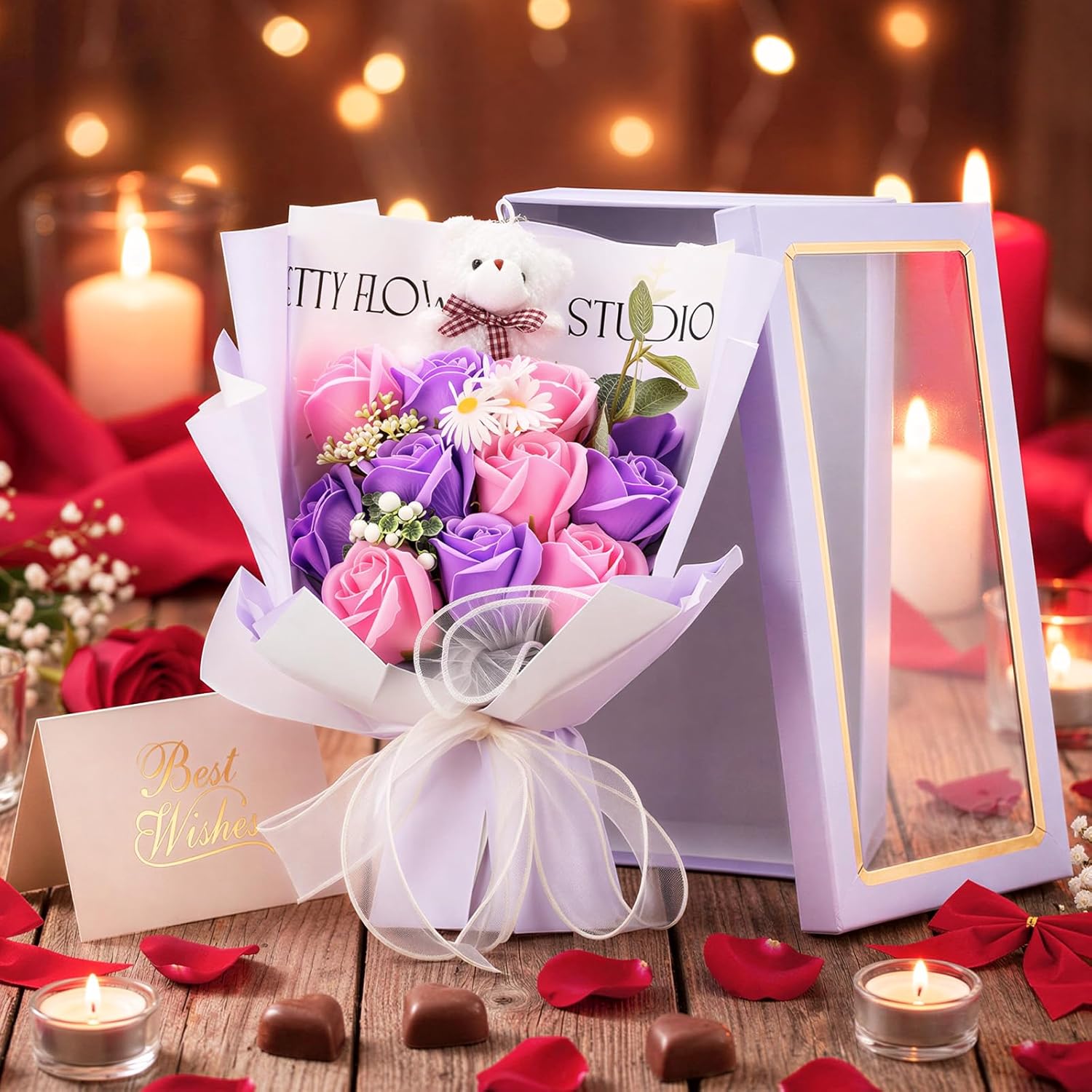 Suncalla Mother's Day Rose Flowers Bouquet with Bear and Gift Box 11 Scented Soap Flowers Artificial Rose Bouquet for Women Mom Birthday Anniversary Wedding Gift, 12.6 x 7.1 Inches(Purple)