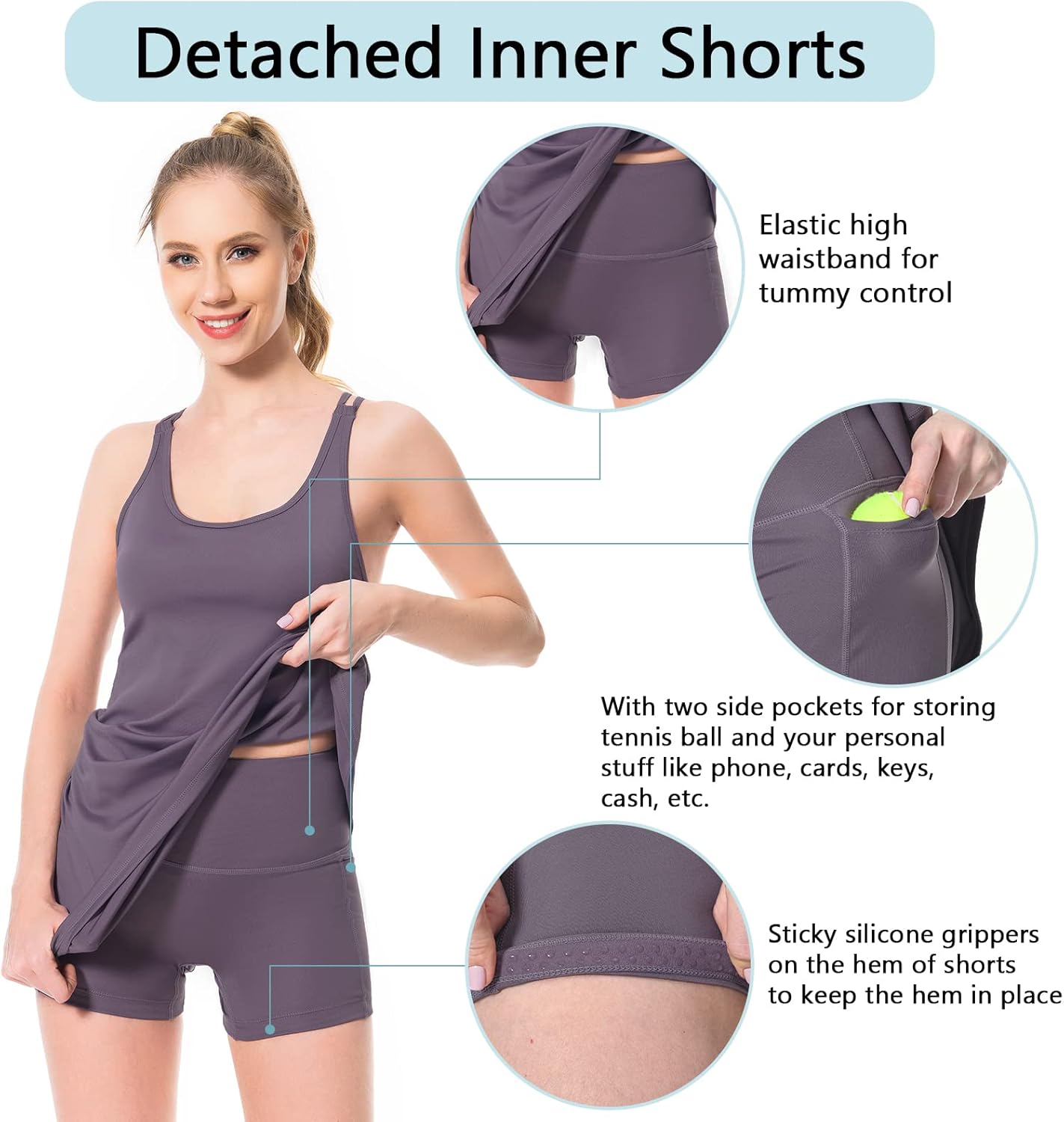 Lightbare Women’s Tennis Dress with Built-in Bra & Detachable Shorts Adjustable Straps UPF 50+ Quick Dry