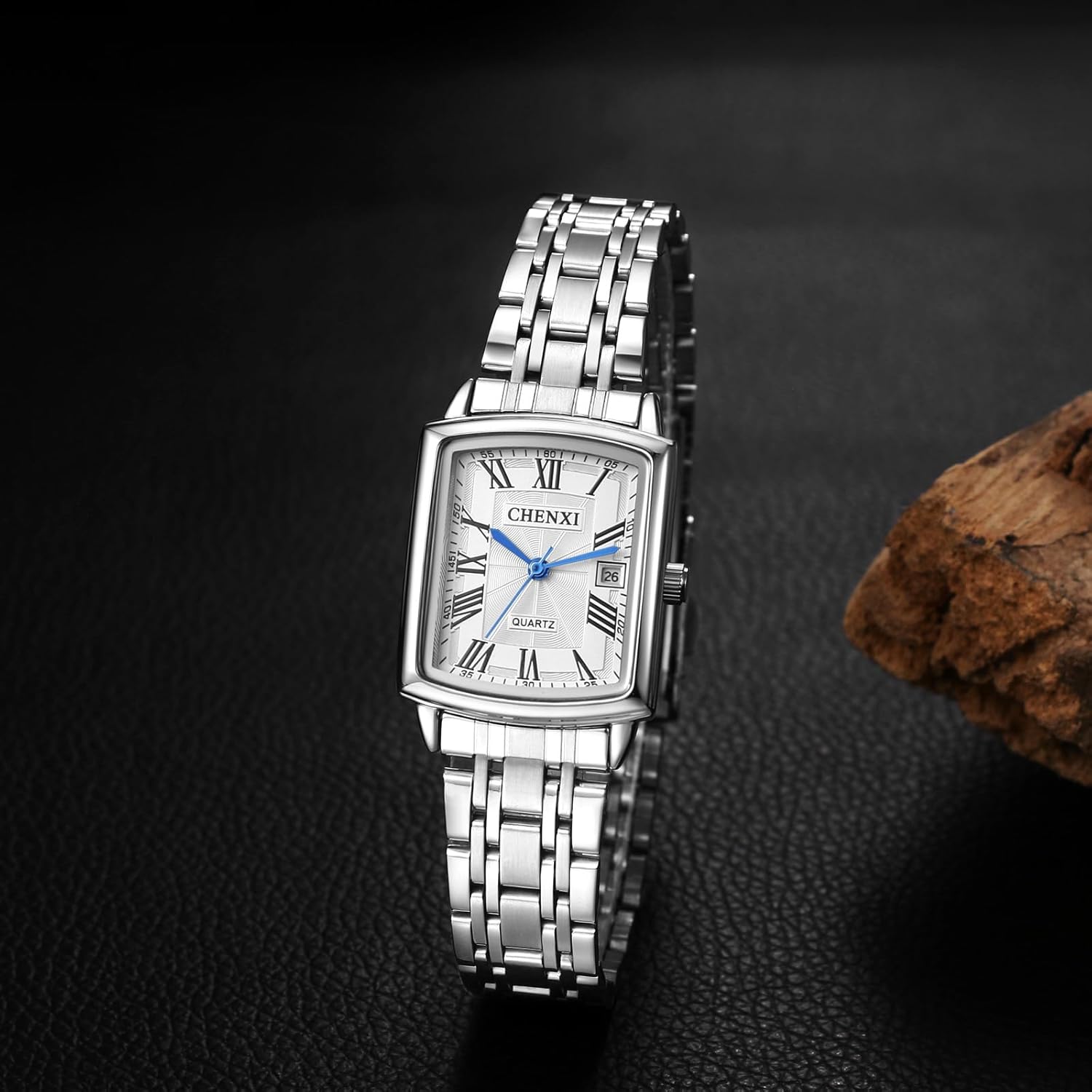 Lancardo Women Square Wrist Watch: Silver Tone Stainless Steel Analog Quartz Roman Numerals Calendar Dial Business Casual Watch for Lady Valentines Day - Image 2