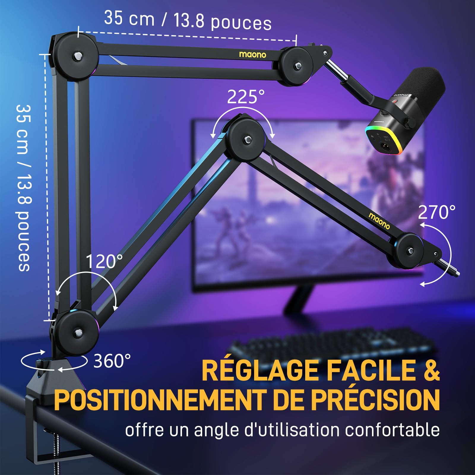 MAONO Bras micro BA37 noir - Support réglable avec adaptateur 3/8 à 5/8 pouces. Compatible Blue Yeti, HyperX QuadCast/SoloCast, Elgato Wave, FIFINE. Idéal podcast, streaming et gaming