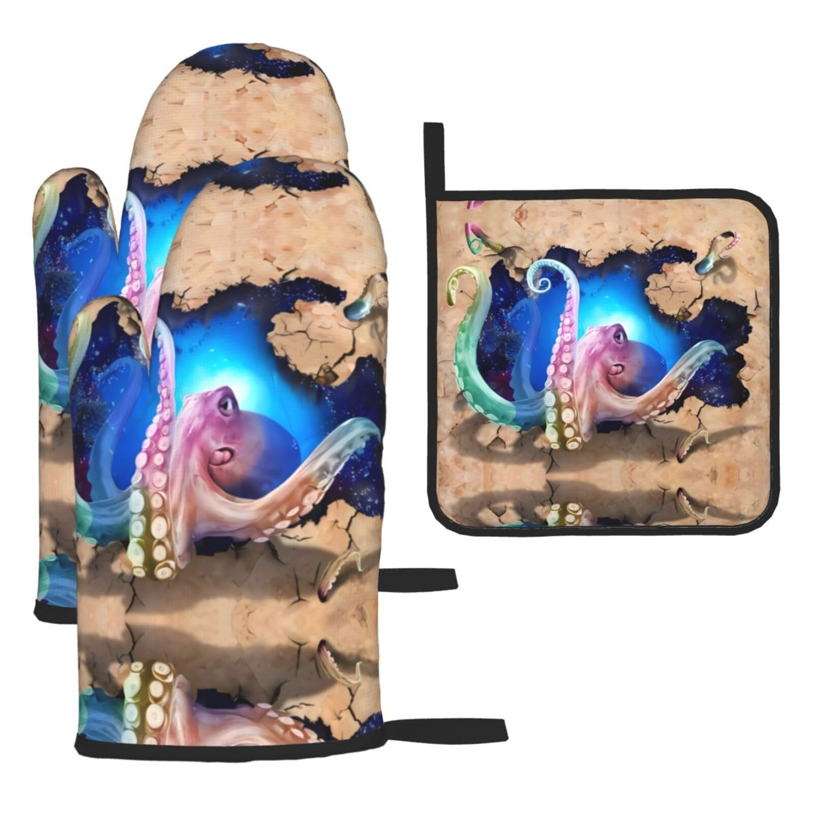 Octopus 3 Piece Kitchen Oven Mitt Set Heat Resistant Gloves with Pot Holder Mat Polyester Printed for Cooking Baking BBQ Grill