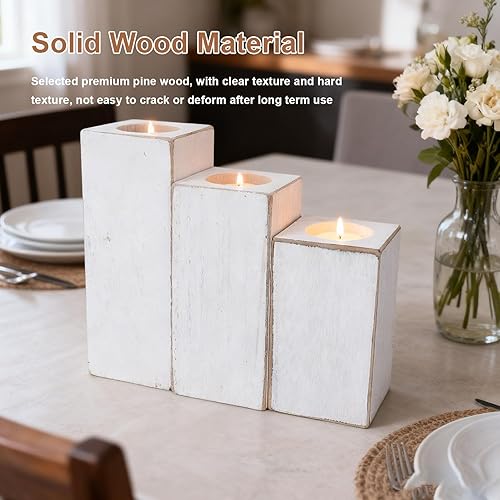 Miniatura 4 de Portavelas de madera, 3 unidades, estilo rústico de granja, soporte para velas con base plana para decoración del hogar, centro de mesa