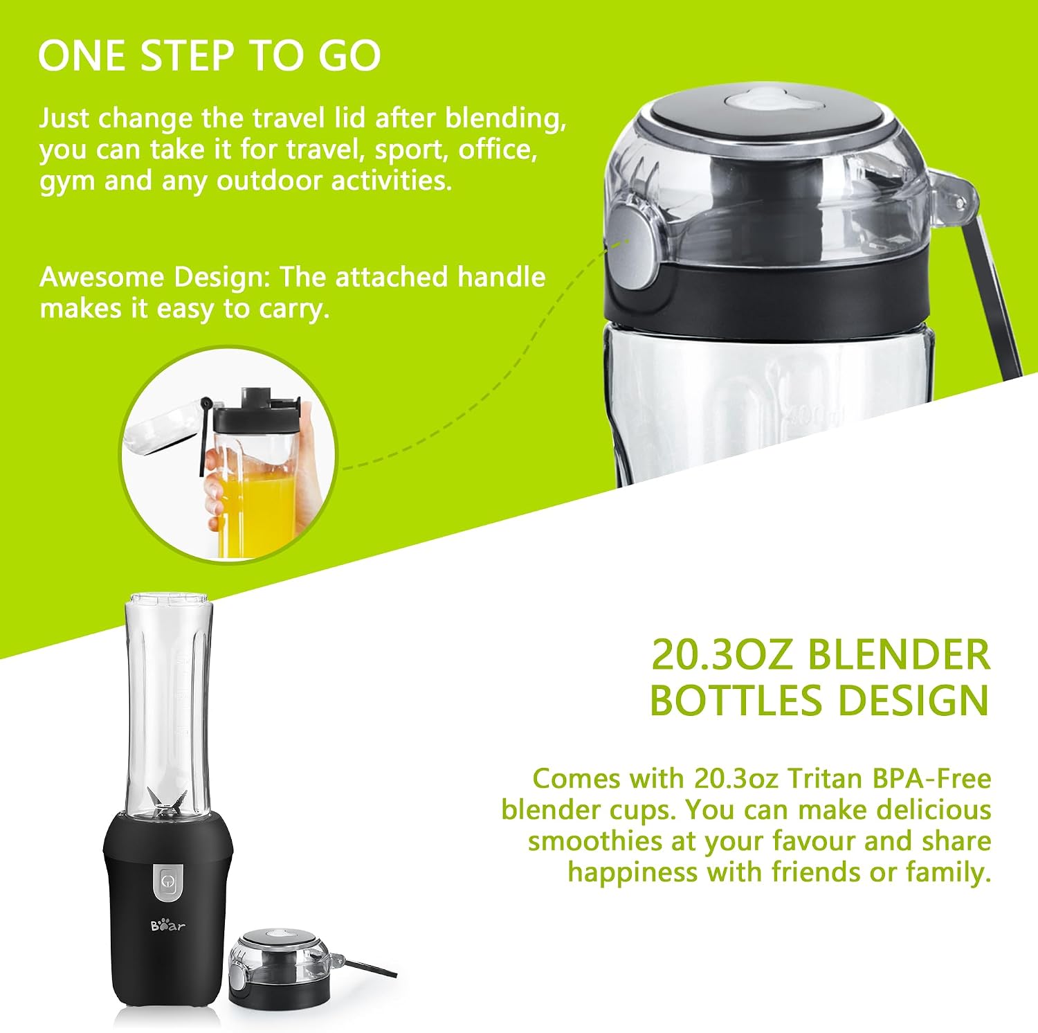 Personal Blender for Shakes and Smoothies with 300W Small Single Serve Portable Countertop Blender, 20.3oz Tritan BPA Free Travel Blender Bottles,Black (Black B)