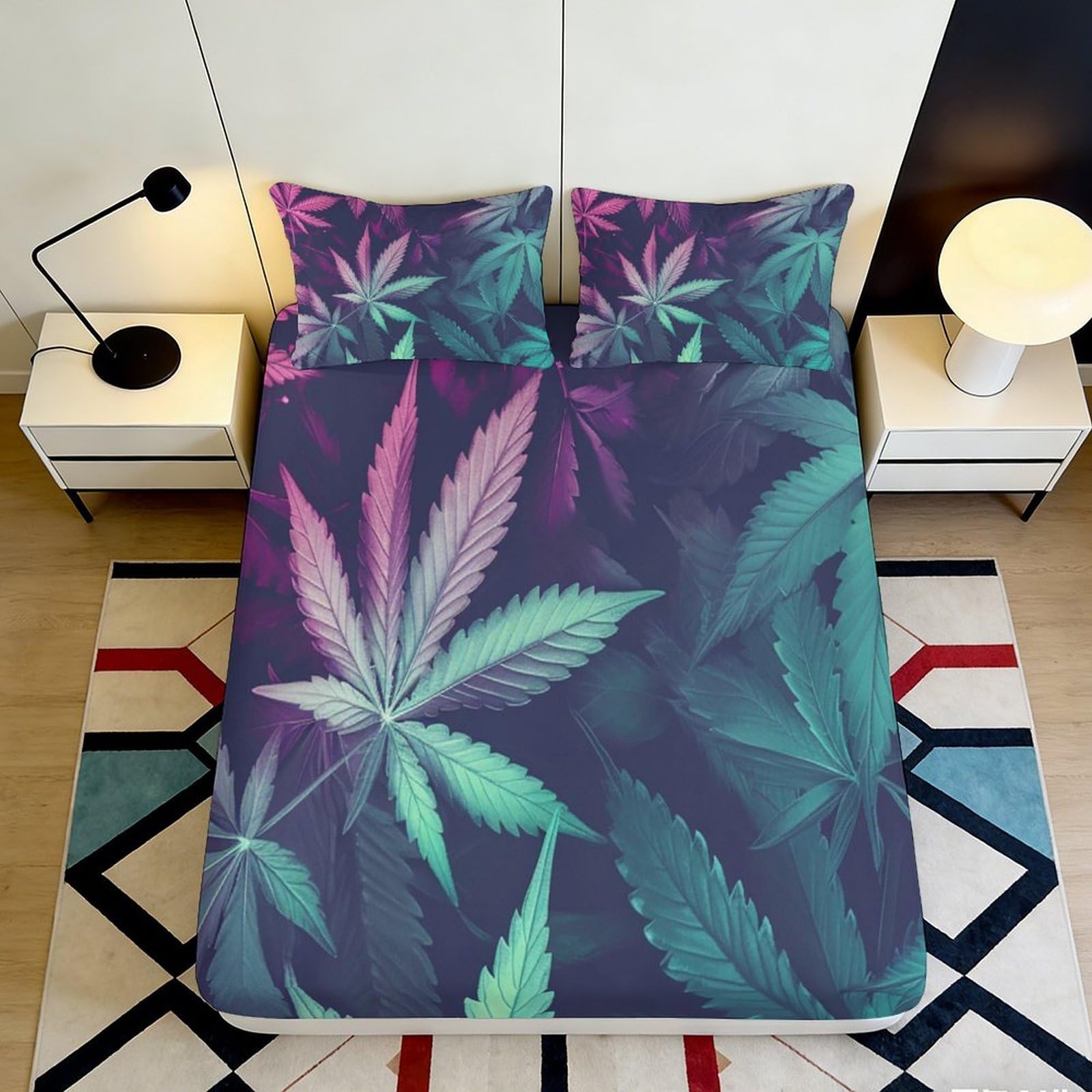 Kzqjxnhpcr Style-4 3D Printed Colorful Leaf Fitted Sheet Microfiber Non-Slip Deep Pocket Botanical Mattress Fitted Cover Soft All Ages Bedroom 90X200x25cm 90X200x25cm