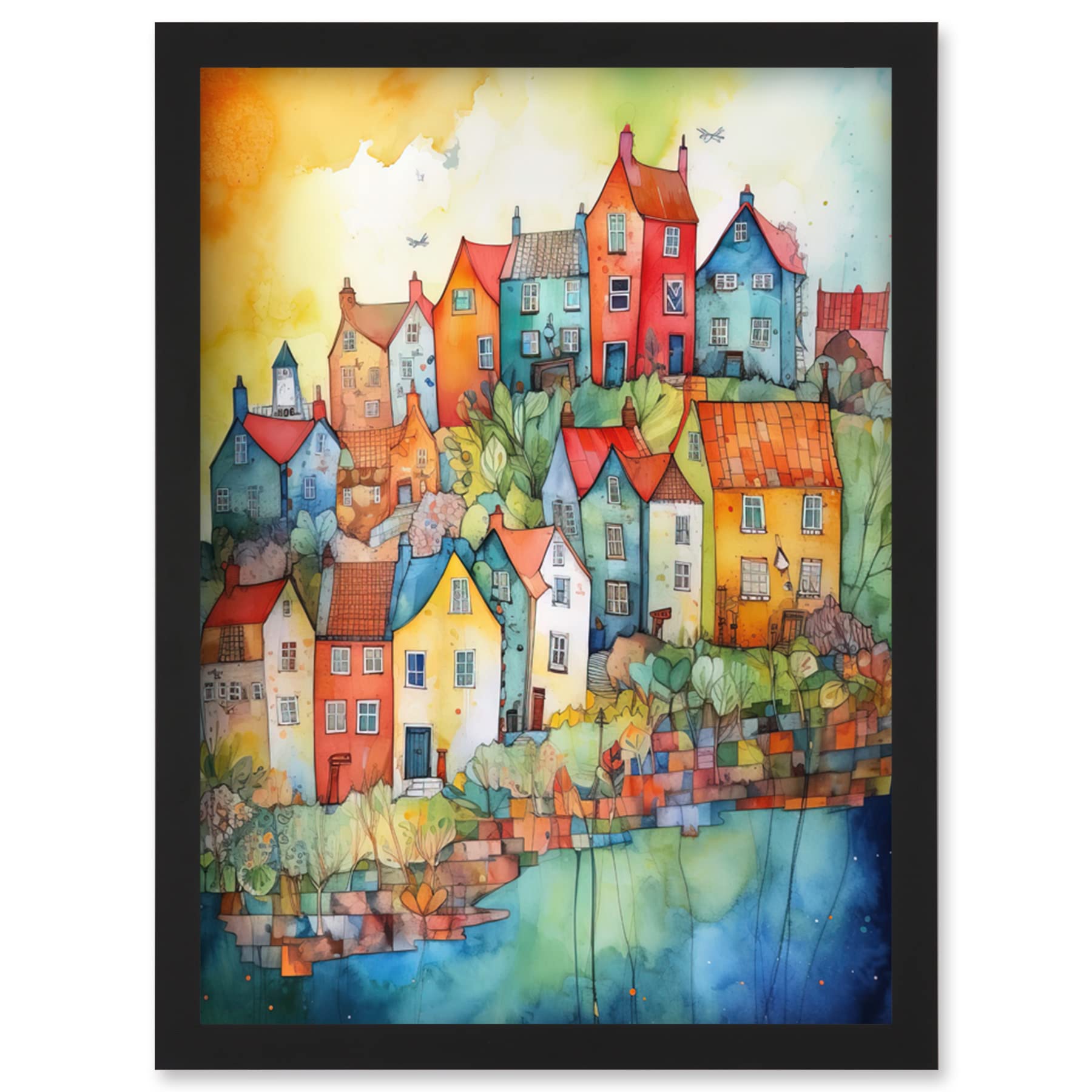 Artery8 Village Of Manarola Italy Folk Art Artwork Framed Wall Art Print A4