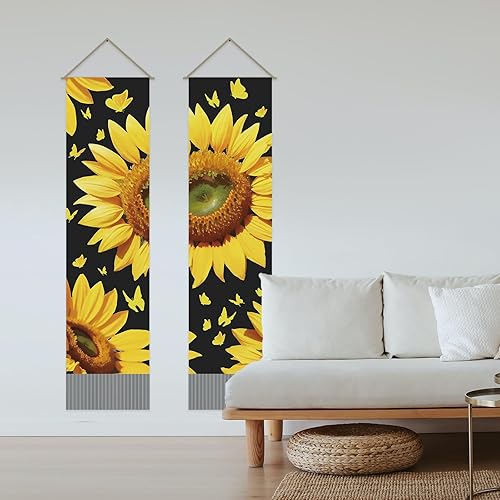 Miniatura 4 de AHANDMAKER 2 tapices de girasol, tapiz vertical de flores de mariposa para colgar en la pared, tapiz de flores amarillas, decoración rústica para