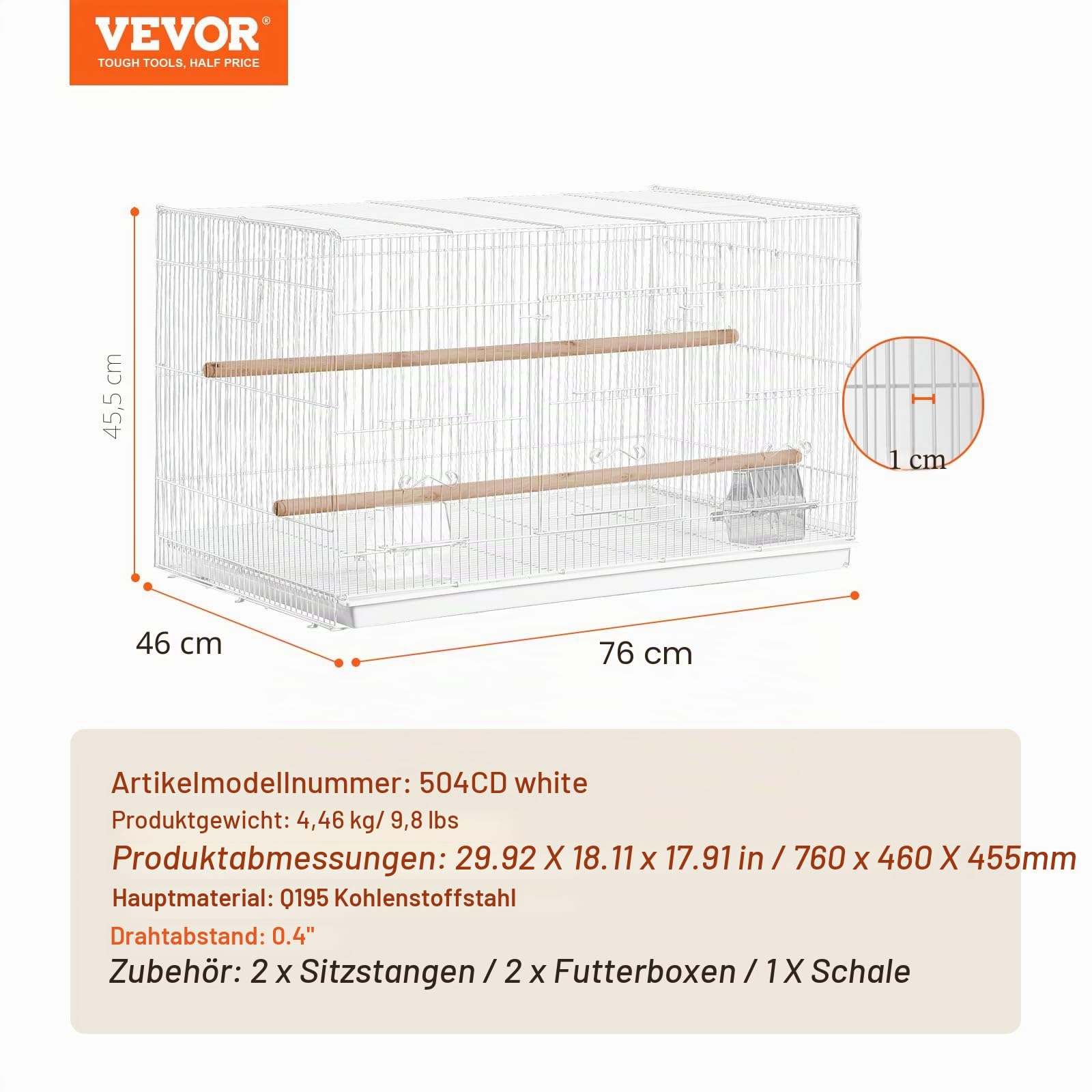 VEVOR Vogelkäfig, 760x460x455mm Metallkäfig für kleine Papageien, Kanarienvögel, Nymphensittiche, Unzertrennliche, Finken, Wellensittiche, Conures, Vogelhaus für unterwegs mit Griff & Sitzstangen