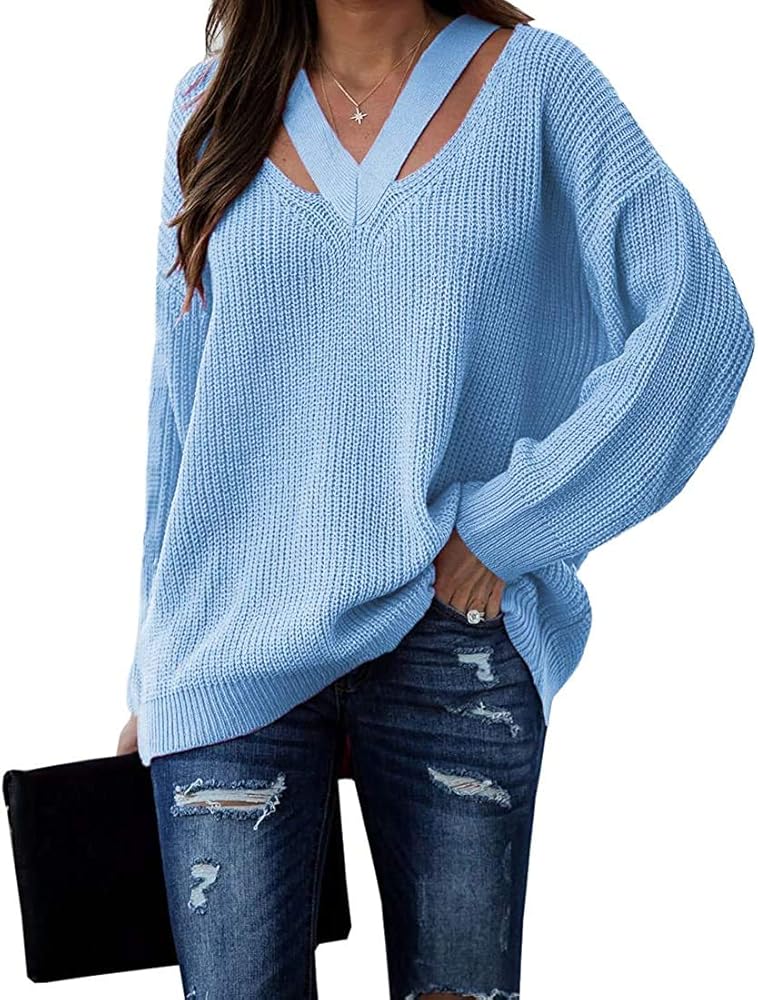 Cicy Bell Women's V Neck Sweaters Hollow Out Long Sleeve Casual